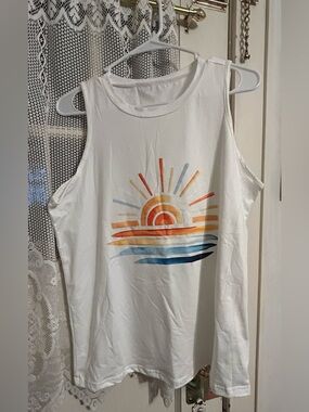 White Tank Top with Colorful Sunrise